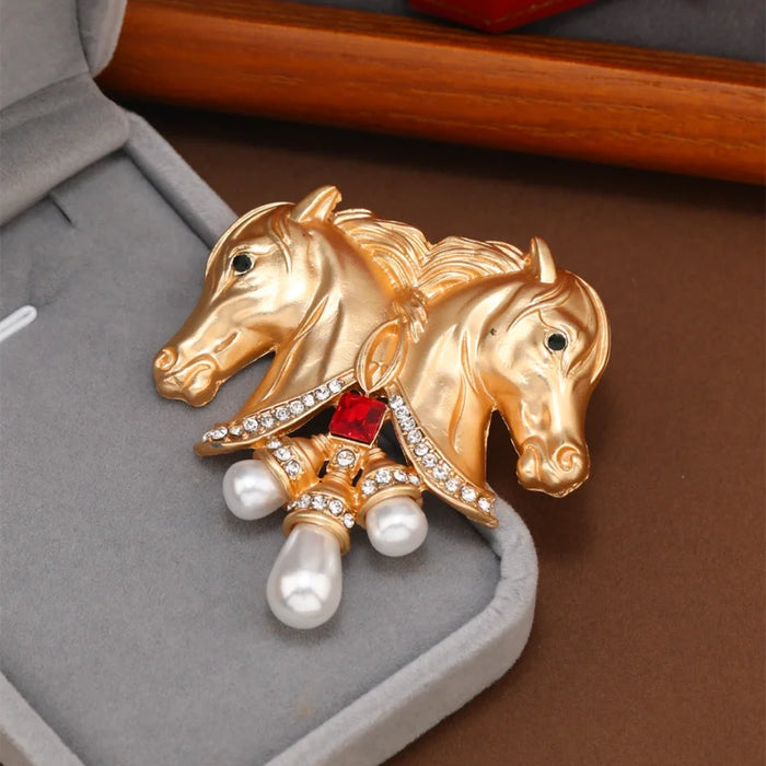Enamel Horse Heads Brooch