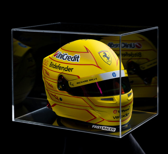 Fast Racer Premium 1:2 Scale Mini Helmet Display Case With Lewis Hamilton F1 Mini Helmet Inside in a Dark Background