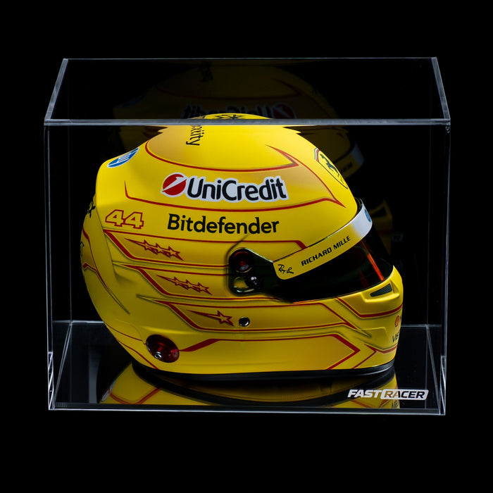 Fast Racer Premium 1:2 Scale Mini Helmet Display Case With Lewis Hamilton F1 Mini Helmet Inside in a Dark Background