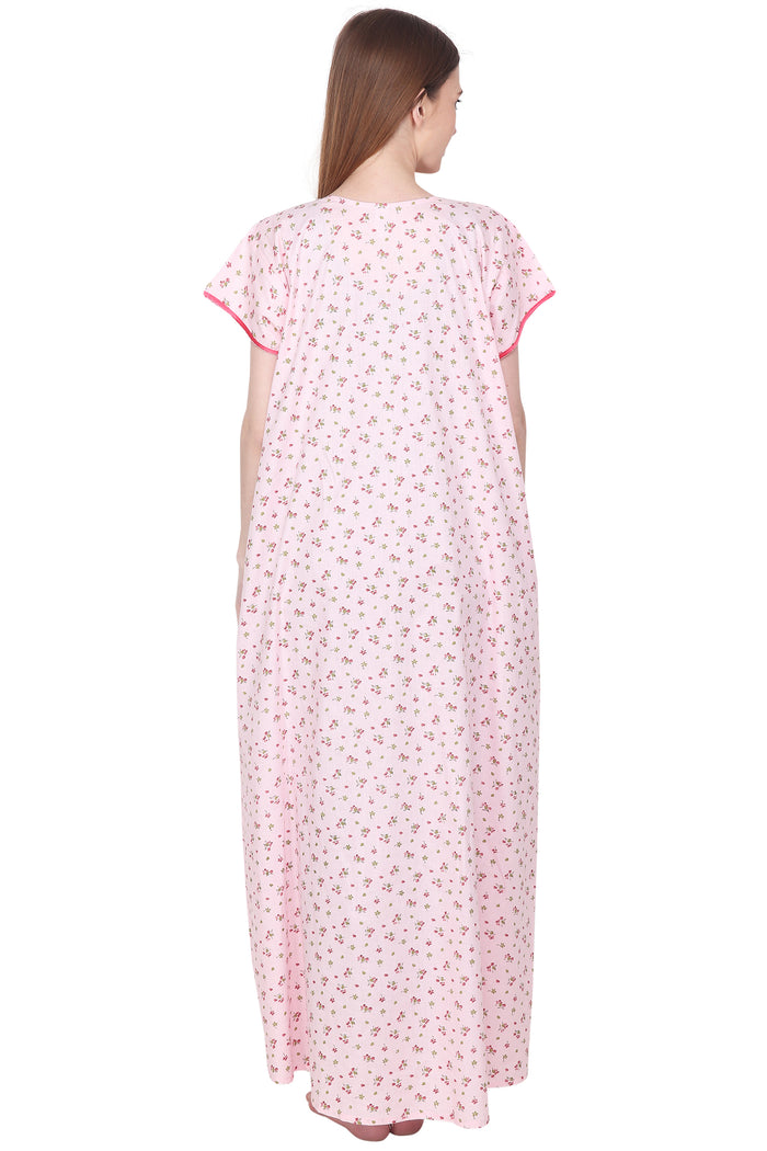 Floral Printed Cotton Night Gown with Pocket