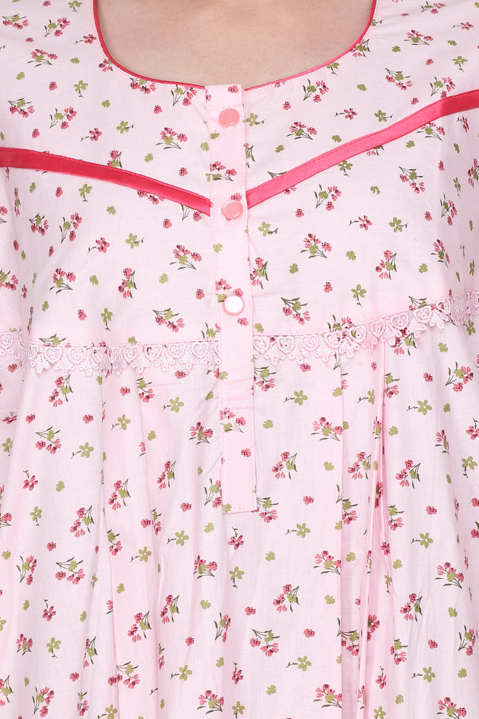Floral Printed Cotton Night Gown with Pocket
