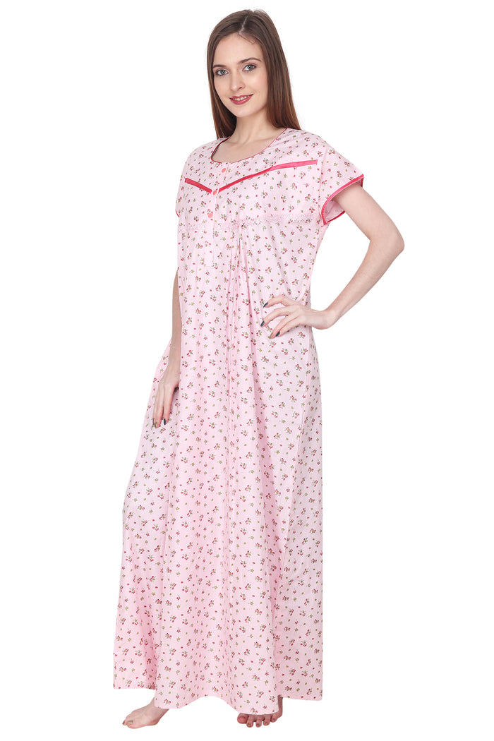 Floral Printed Cotton Night Gown with Pocket