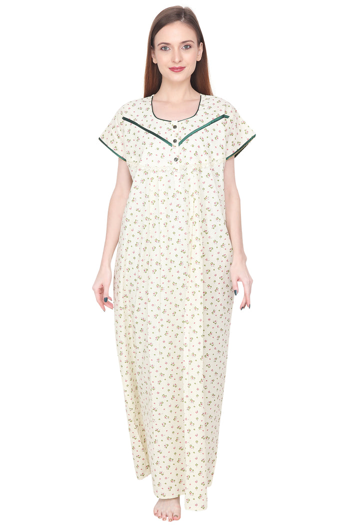 Floral Printed Cotton Night Gown with Pocket
