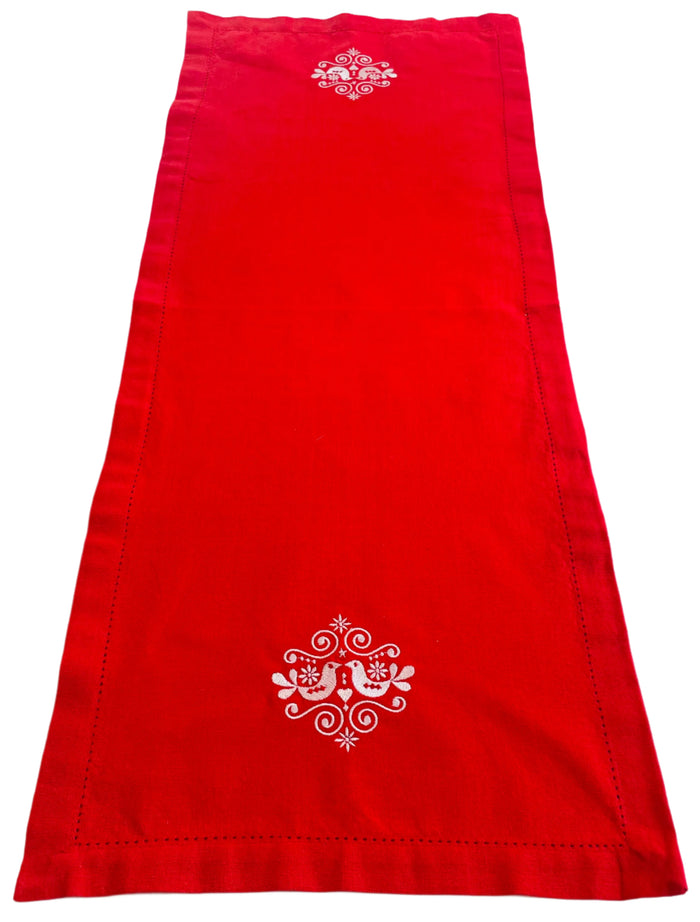 Folk Art Birds Embroidered on Red 36" Runner