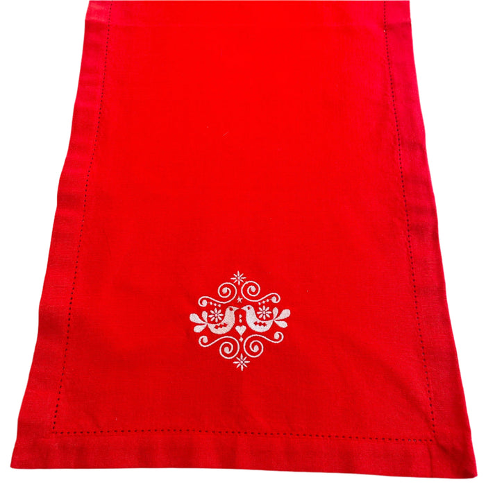 Folk Art Birds Embroidered on Red 36" Runner