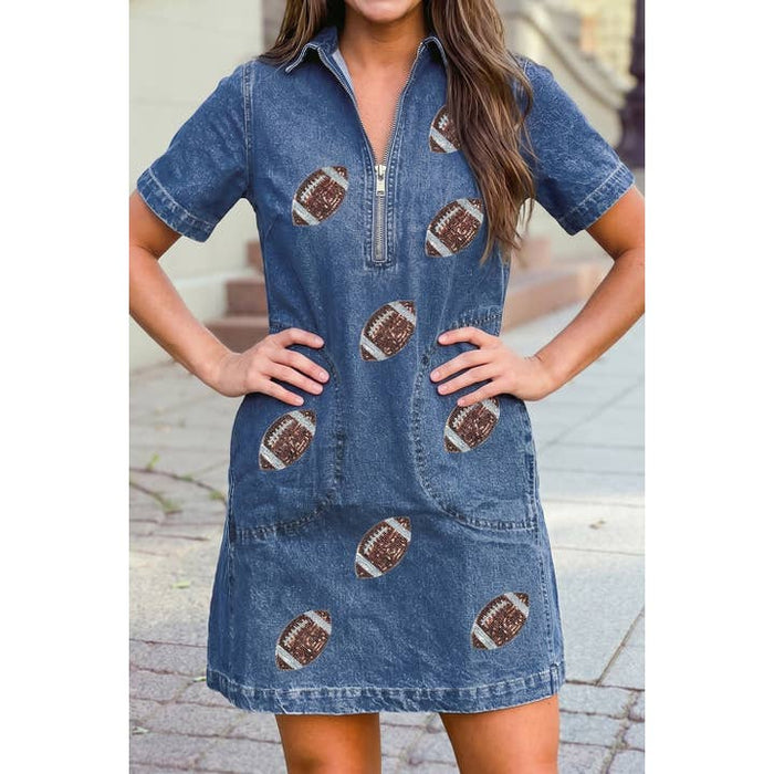 Football Pattern Zip Collar Pocketed Denim Shift Dress