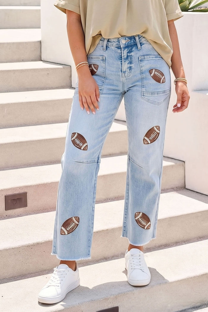 Game Day Sequin Detail High Waist Patchwork Shift Jeans