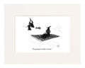 "I'm getting too old for a broom."_x000D_(One witch riding a magic carpet to another riding a broom.)