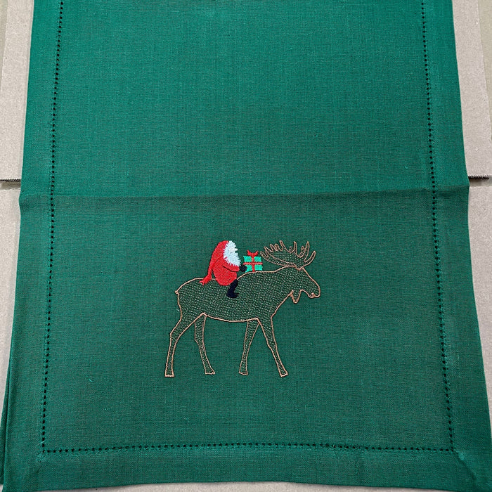 Gnome riding Moose Embroidered on Green 36" Runner