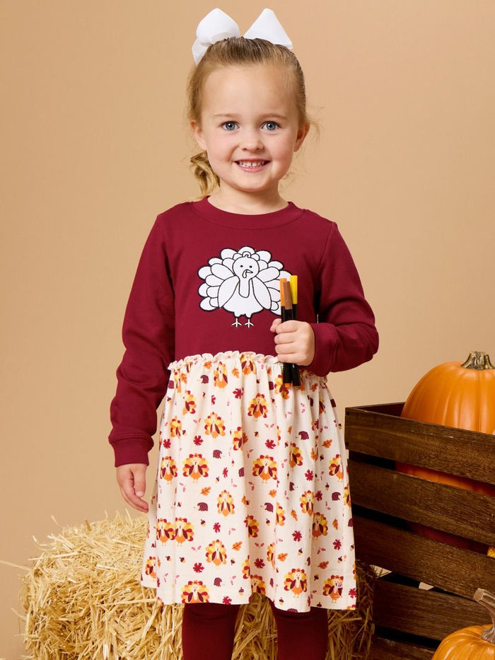 Gobble Gobble Colorable Applique Long Sleeve Mixed Media Dress