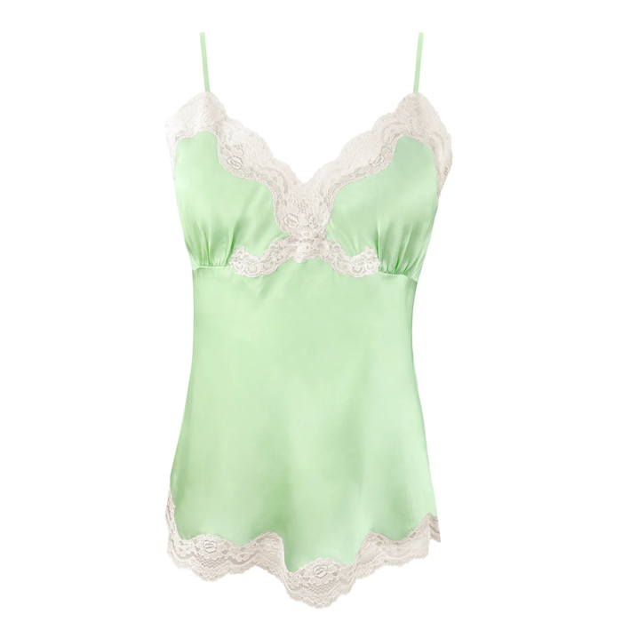 Gold Hawk Silk Camisole with Lace in Light Green - Romantiques