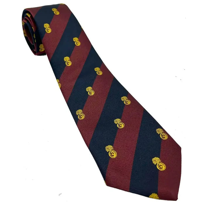 Grenadier Guards Crest Regimental Polyester Tie by John Bulls featuring maroon and navy diagonal stripes with gold crest emblems. Ideal for formal military attire.  from  John Bull Clothing