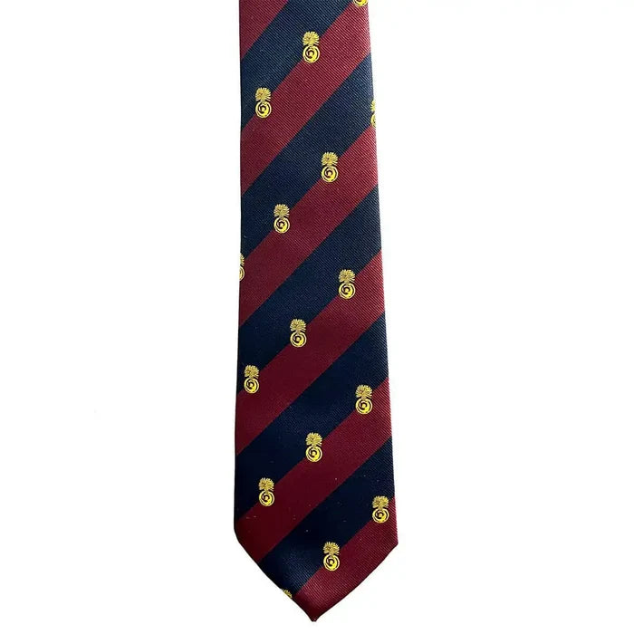 Close-up of Grenadier Guards Crest Regimental Polyester Tie showing detailed gold crests on maroon and navy stripes. Premium unisex neckwear for military heritage.  from  John Bull Clothing