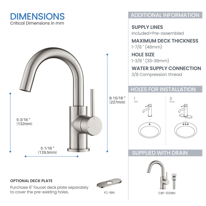 Halo High-Arc Single Handle Bathroom Vanity Sink Faucet with Pop Up Drain - CBF-1021