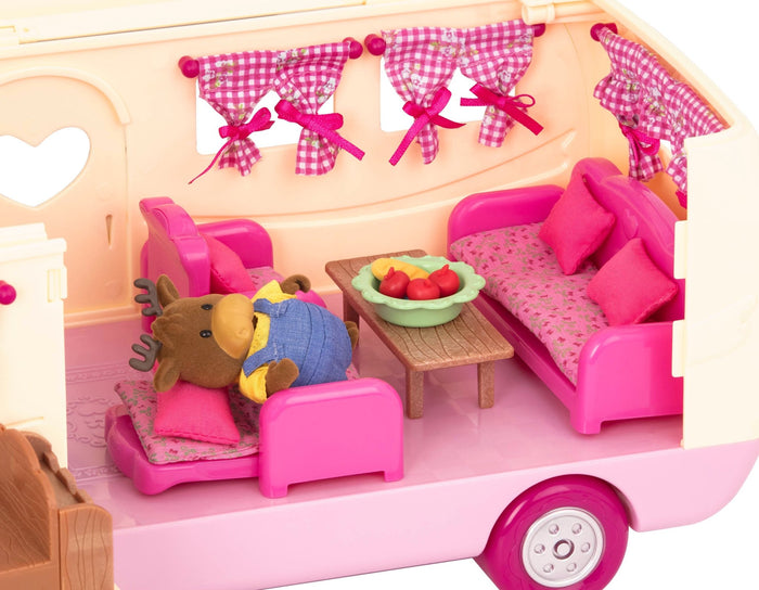 Toy camper playset with pink car and moose family inside.