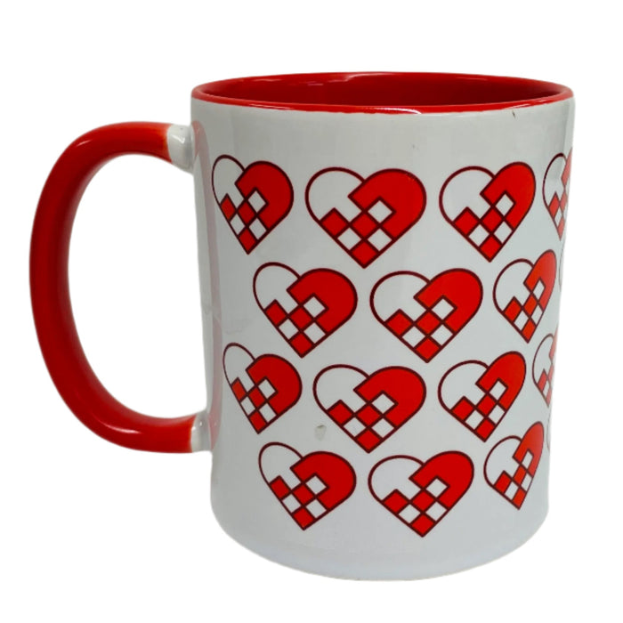 Heart Baskets coffee mug with red handle