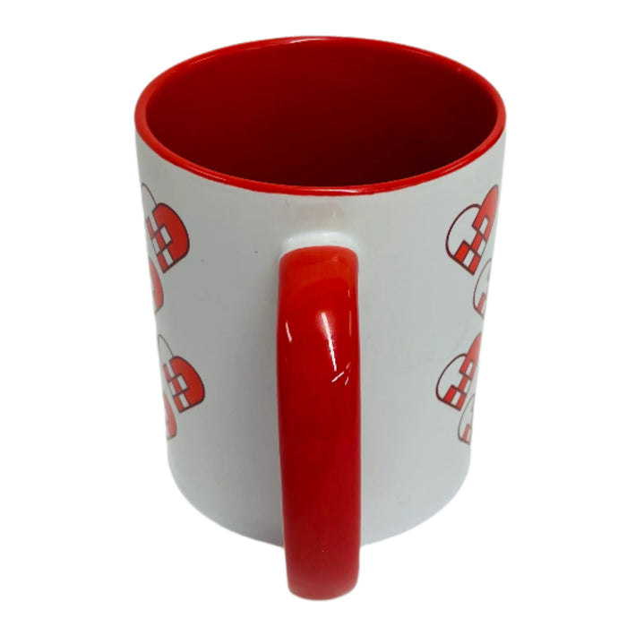 Heart Baskets coffee mug with red handle