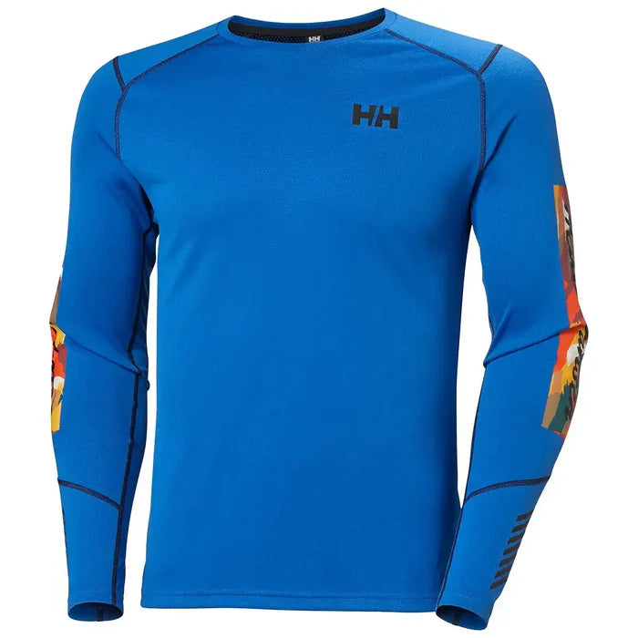 Bright blue HH Lifa Active Crew Long Sleeve Base Layer with colorful sleeve graphics, designed for activewear performance at John Bulls. Cobalt Blue from  John Bull Clothing