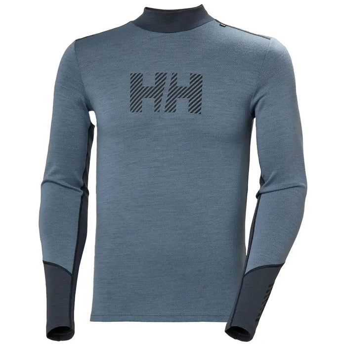 Flat lay of Helly Hansen Lifa Midweight Logo Merino Base Layer showing HH logo on chest and dual-fabric sleeve construction for thermal performance.  from  John Bull Clothing