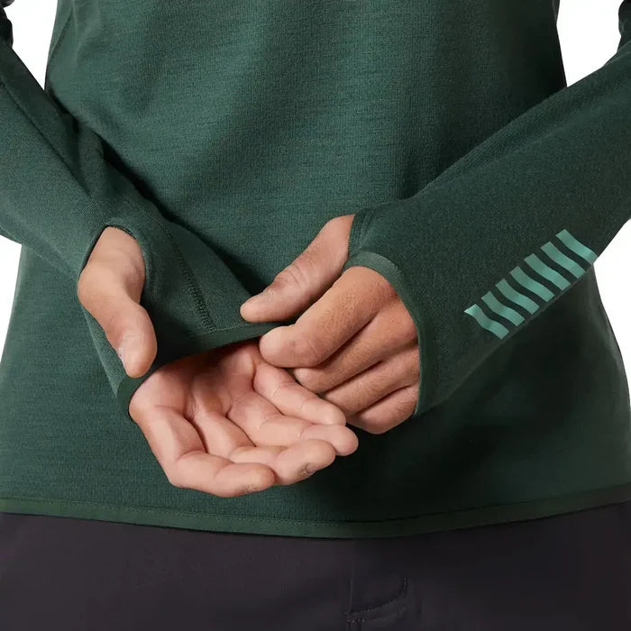 Detail of thumbholes on Helly Hansen Lifa Merino Wool Mid Layer 1/2 Zip sleeves, designed for added warmth and secure fit during movement.  from  John Bull Clothing