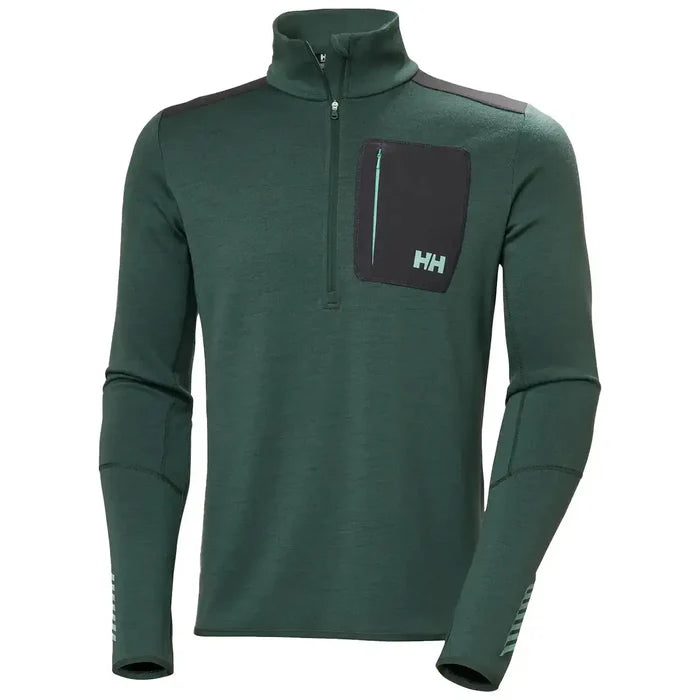 Helly Hansen Lifa Merino Wool Mid Layer 1/2 Zip in green displayed flat, showing technical fabric and athletic cut ideal for activewear layering. Jungle Green from  John Bull Clothing
