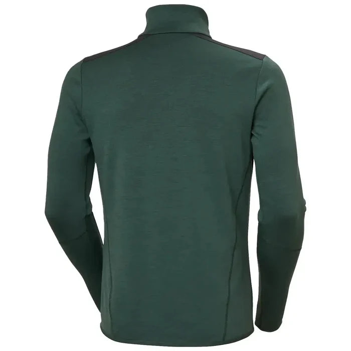 Rear flat view of Helly Hansen Lifa Merino Wool Mid Layer 1/2 Zip in green, emphasizing streamlined back panel and shoulder detailing.  from  John Bull Clothing