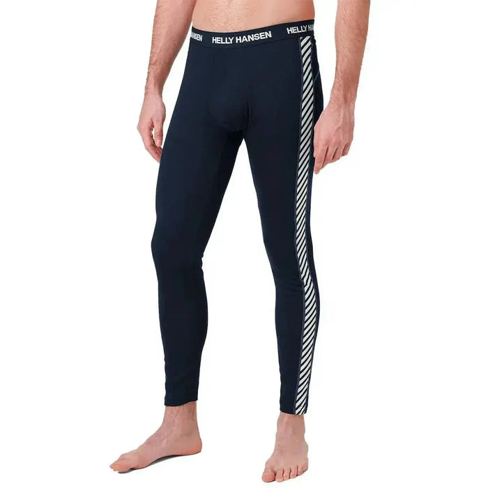 Close-up of black Helly Hansen men's base layer trousers waistband with logo, striped side panel, fitted athletic style, SKU: JB0990-S Navy from  John Bull Clothing