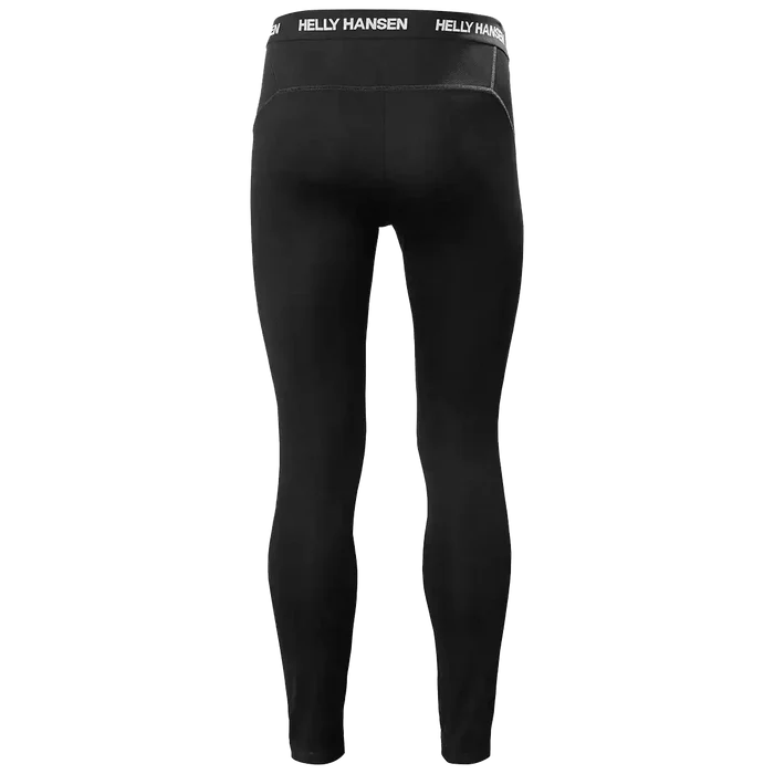 Black Helly Hansen men's lightweight base layer trousers made of polypropylene, with a high elastic waistband featuring Helly Hansen branding, designed for activewear and cold weather insulation.  from  John Bull Clothing