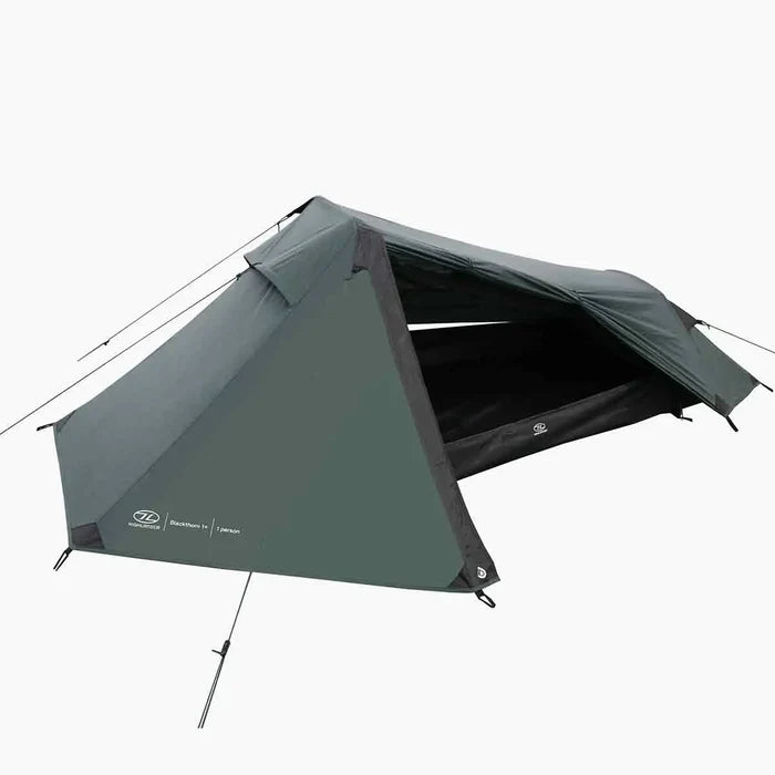 Highlander Blackthorn 1-person lightweight tent, green, side view, open zipper  from  John Bull Clothing