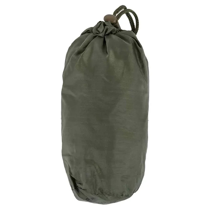 Highlander Rucksack Cover 80-90L in Olive Green packed into a compact drawstring pouch for easy storage and portability during outdoor adventures.  from  John Bull Clothing