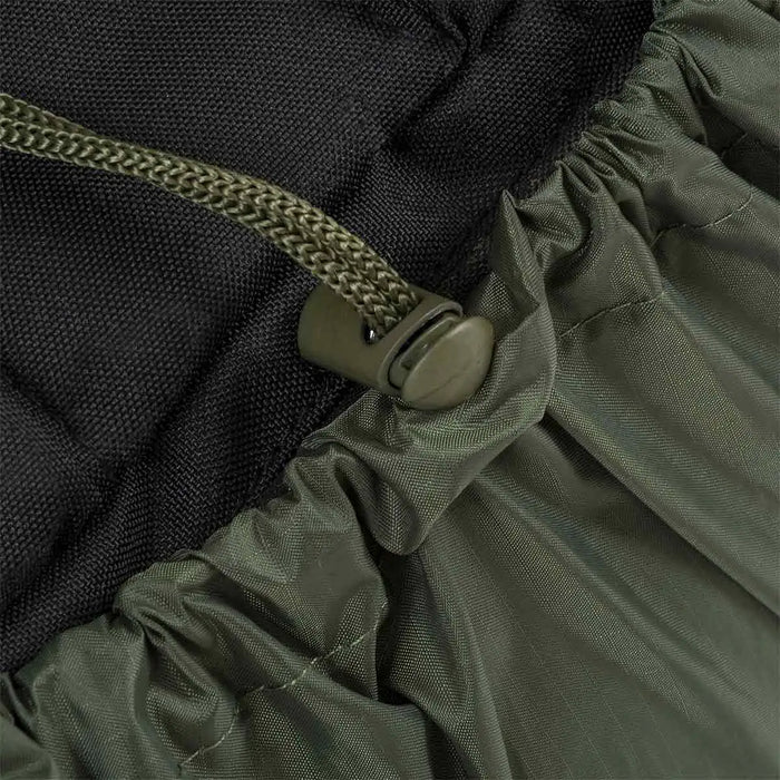 Detailed view of the Highlander Rucksack Cover 80-90L in Olive Green, highlighting the secure drawstring closure for a snug fit on large backpacks.  from  John Bull Clothing