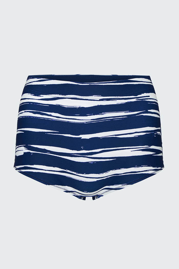 Navy and white striped high-waisted bikini boy short on a light gray background
