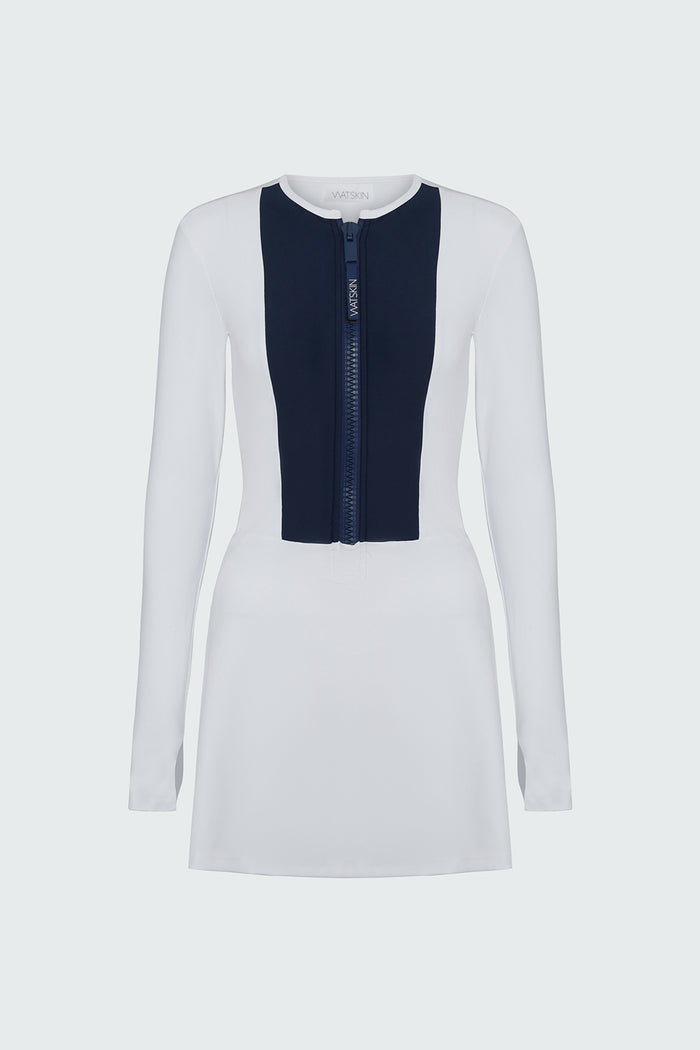 Watskin Ivy tennis dress shown flat in White and Navy against a white background.
