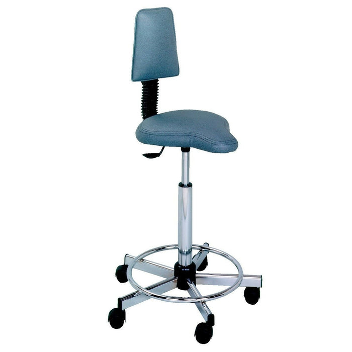The Pibbs Jack Stool is gray, height adjustable, with backrest and foot ring on a chrome base.