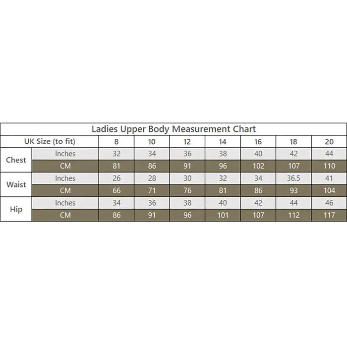 Size chart for Keela Valkyrie Womans RF Jacket Multicam showing UK sizes 8 to 20 with chest, waist, and hip measurements in inches and cm.  from  John Bull Clothing