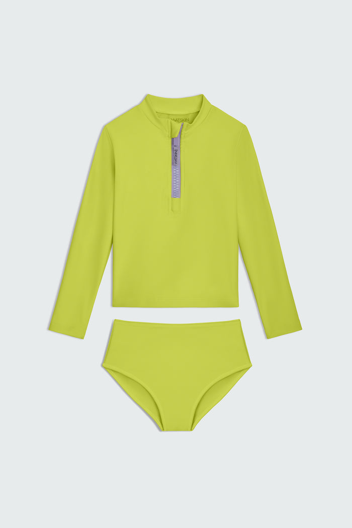Watskin Jackie long sleeve half zip two piece set in Margarita, a neon yellow-green