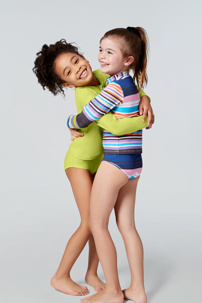 Watskin Jackie long sleeved two piece rashguard set in Variegated Stripe and Margarita