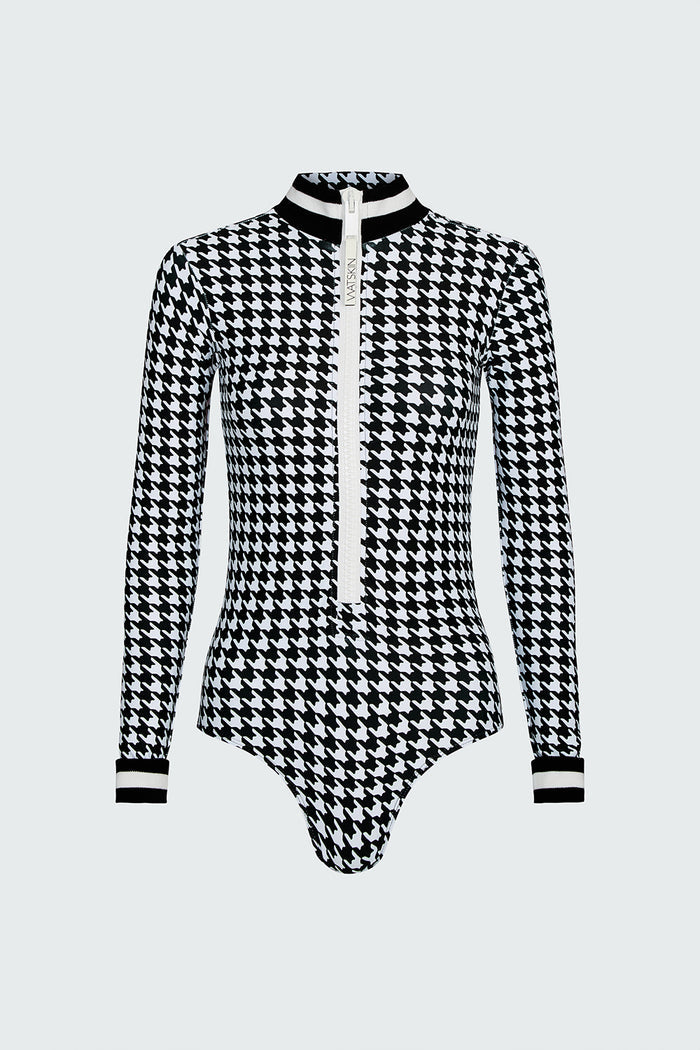 Watskin Lilia bodysuit in black/ivory houndstooth shown flat against a white background