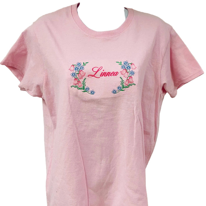Linnea Name & Flowers on Ladies Pink T-shirt