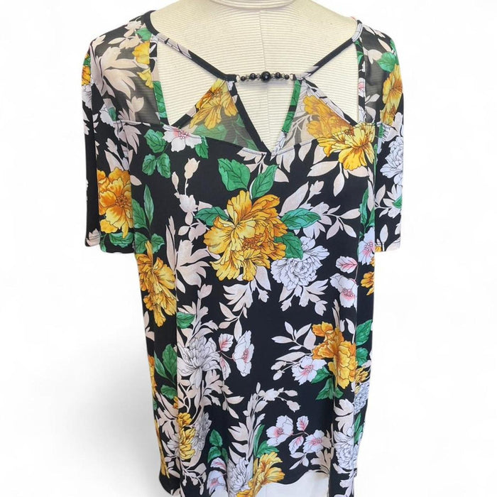 Liz mccoy black floral mesh top