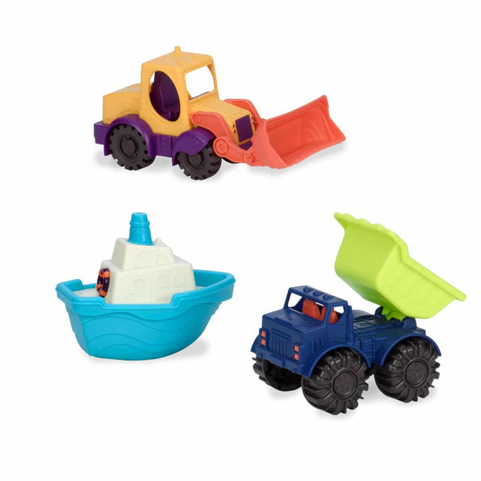 Mini toy trucks and boat.