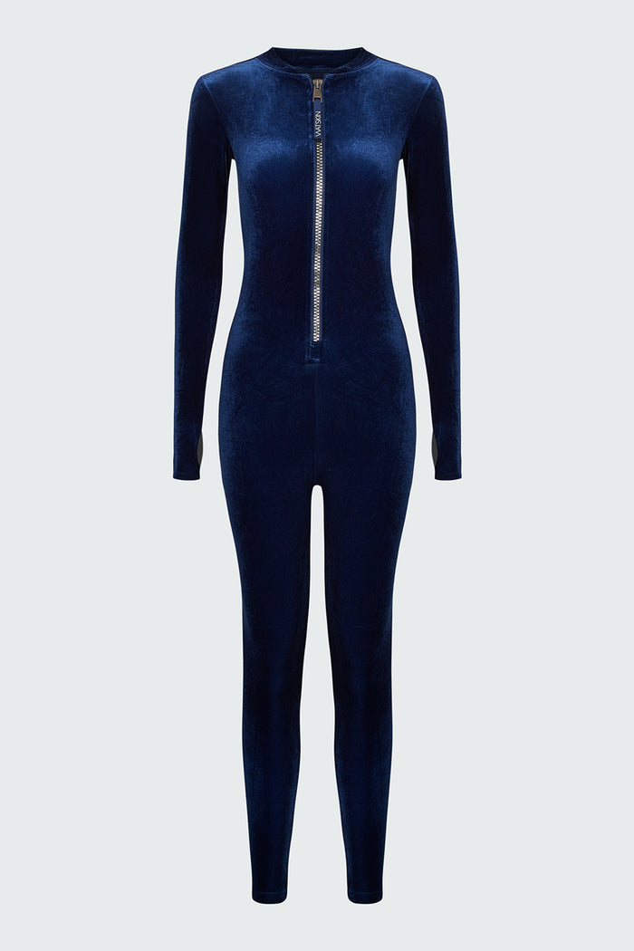 Watskin Lois Catsuit in Deep Blue Velvet shown flat against a light gray background