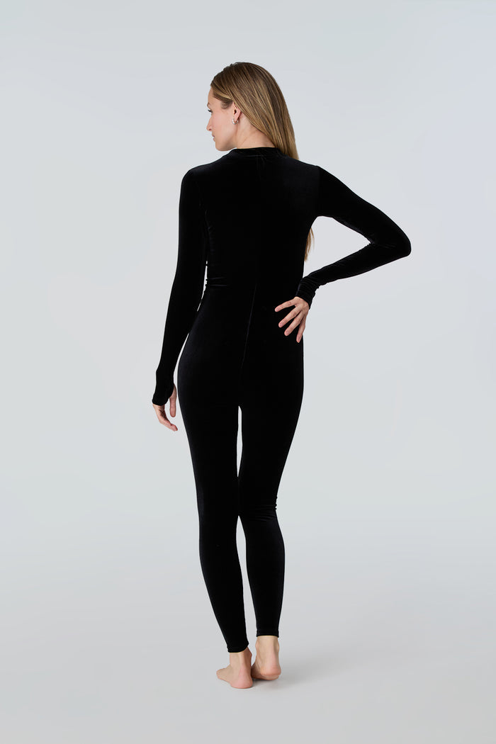 Rear view of woman wearing Watskin Lois Catsuit in Black Velvet