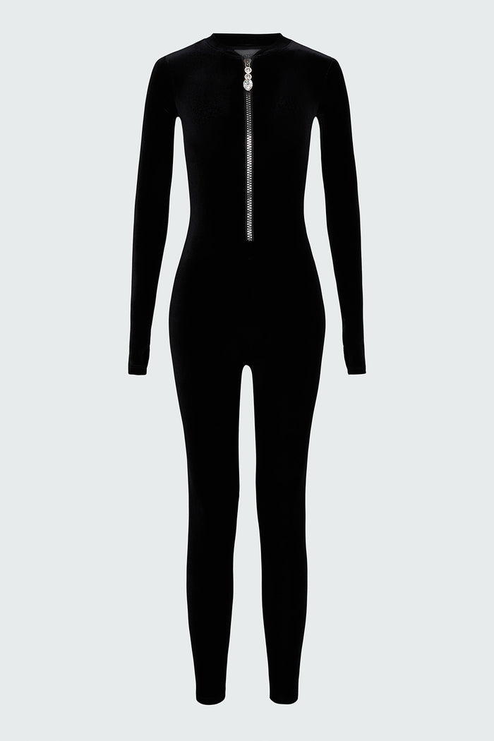 Watskin Lois catsuit in Black Velvet shown flat against a white background