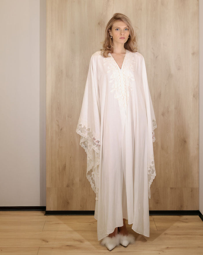 Full-length shot of the Cotton Kaftan without a belt, emphasizing the loose fit and freedom of movement.