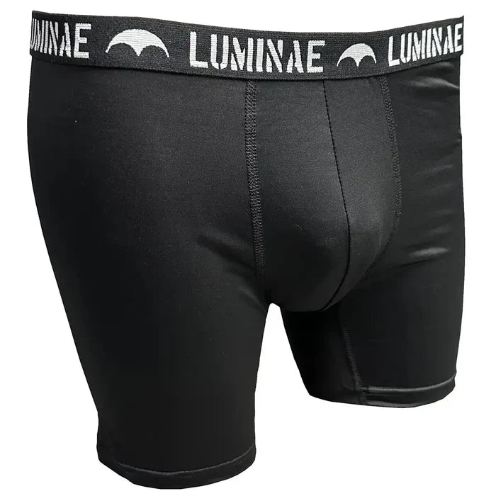 Front view of a single Luminae Battle Boxer Short in black, featuring a stretch fit and bold Luminae logo waistband.  from  John Bull Clothing