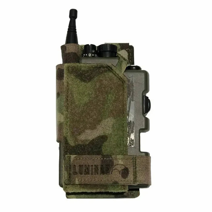 Luminae Multicam PRR Pouch MTP securely housing an H4855 Personal Role Radio with a camouflage design for military and tactical use.  from  John Bull Clothing
