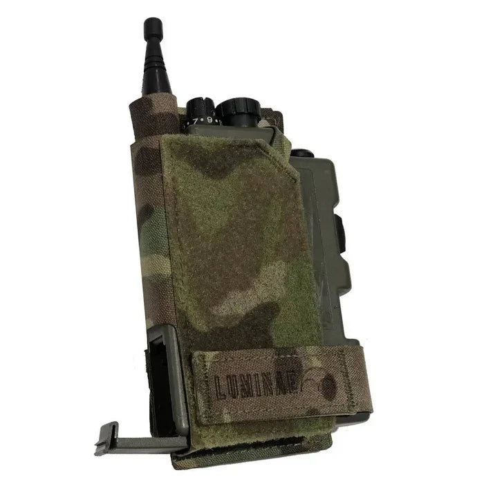 Angled view of the Luminae Multicam PRR Pouch MTP displaying its rugged Cordura material and secure fastening system for radio protection.  from  John Bull Clothing