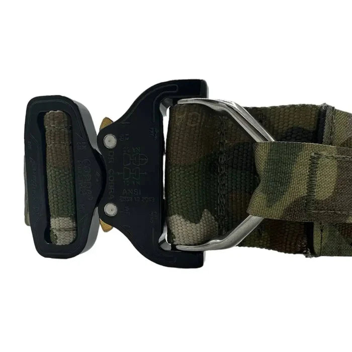 Close-up of the Luminae Operations Belt featuring a sturdy Cobra Buckle and reinforced Multicam fabric for enhanced durability and reliability.  from  John Bull Clothing