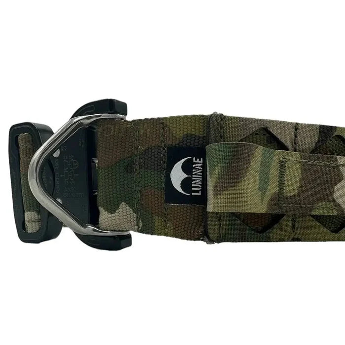 Detailed view of the Luminae Operations Belt showcasing the brand logo, robust stitching, and high-quality Multicam fabric.  from  John Bull Clothing